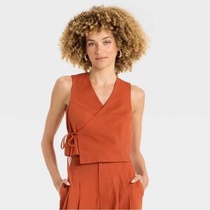 Rust Sleeveless Wrap Top Women's Linen Wrap Vest - Future Collective size XXL